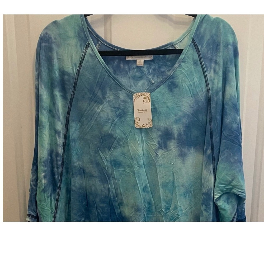 Suzanne Betro Weekend Blue Teal Tie Dye V-Neck Hi-Low Tunic Top 2X NEW